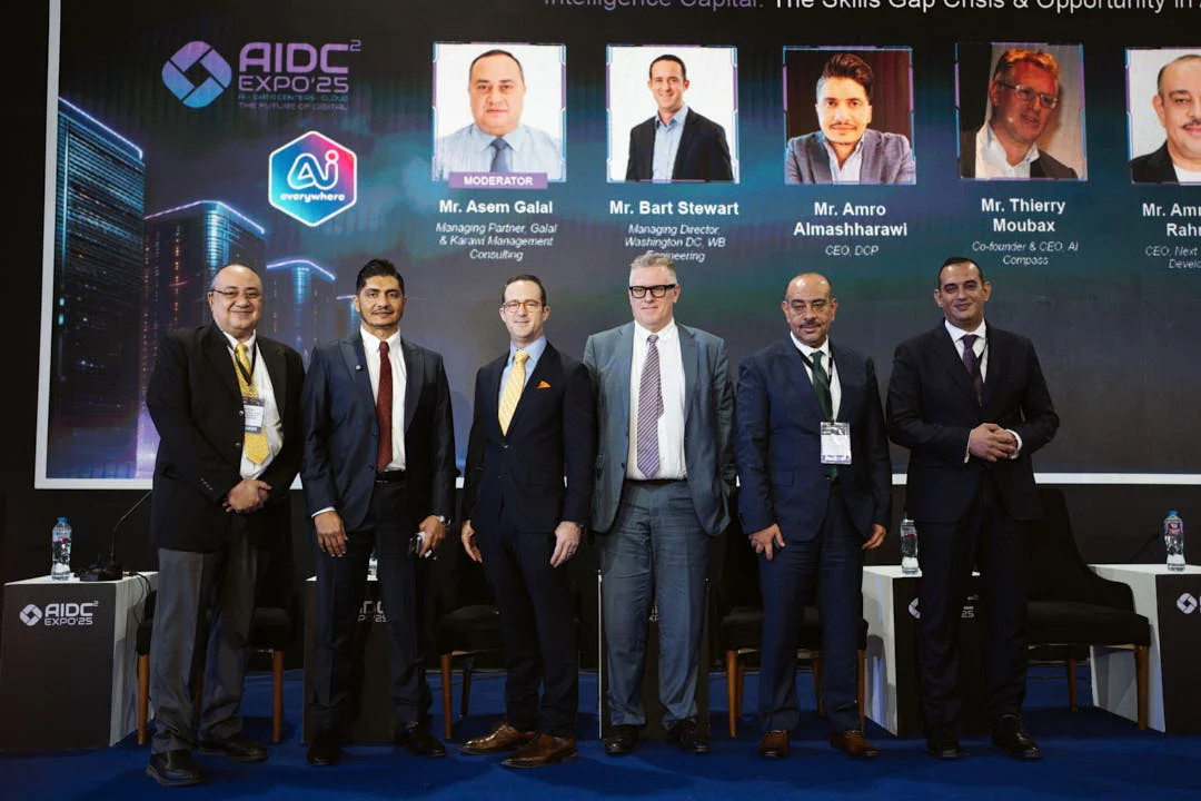 Assem Galal, Bart Stewart, Amro Almashharawi and Thierry Moubax with their panel at AIDC² Expo 2025