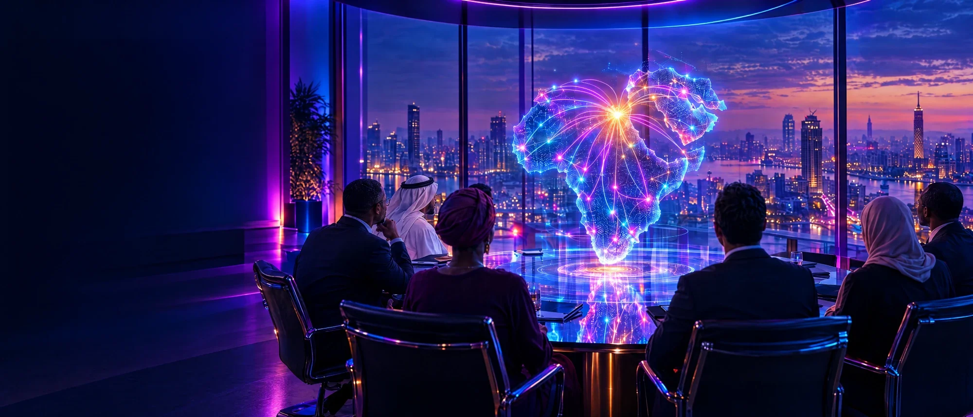 An AI-generated picture: leaders from Africa and the Arab world around a table under a glowing map of the two regions, Cairo at night behind them