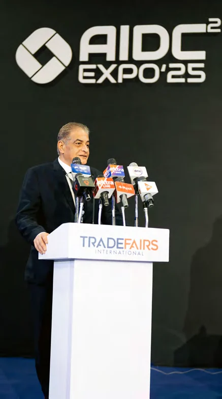 Ossama Kamal, Executive President, speaking at the AIDC² Expo 2025 podium